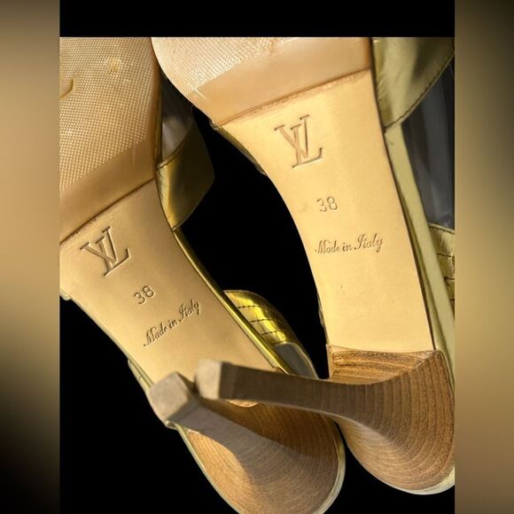 Rare Louis Vuitton Gold Slingback Sandals w/3.5” Stacked Wood Heel Size 38/US 7 - Picture 10 of 15